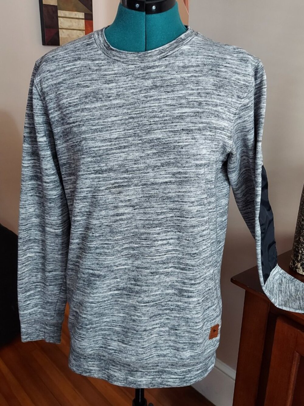 Modern Amusement Pullover Crew Neck Sweater with Elbow Patches Men's S